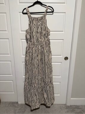 Anthropologie Cream Maxi Poplin Halter Dress with Black Linear Print
